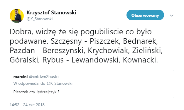 Krzysztof Stanowski podał skład Polski na mecz z Kolumbią